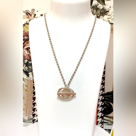 GUCCI Interlocking G Silver 925 Ball Chain Pendant Necklace- GREAT CONDITION - Picture 1 of 8